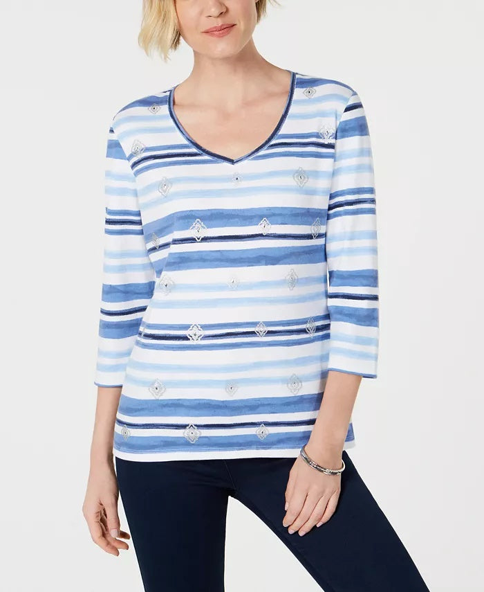 Blusa feminina listrada com decote em V Karen Scott, azul, tamanho extragrande