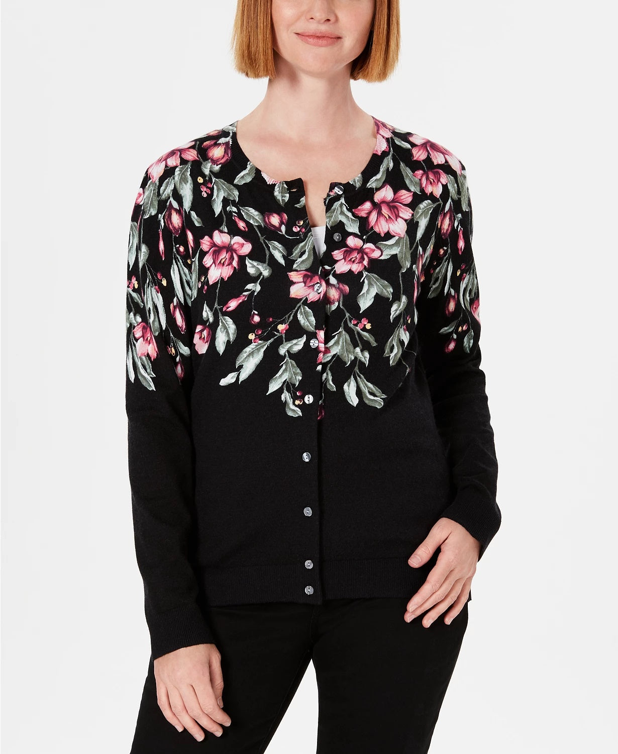Karen Scott Cardigan Feminino Estampado Floral Preto Tamanho P