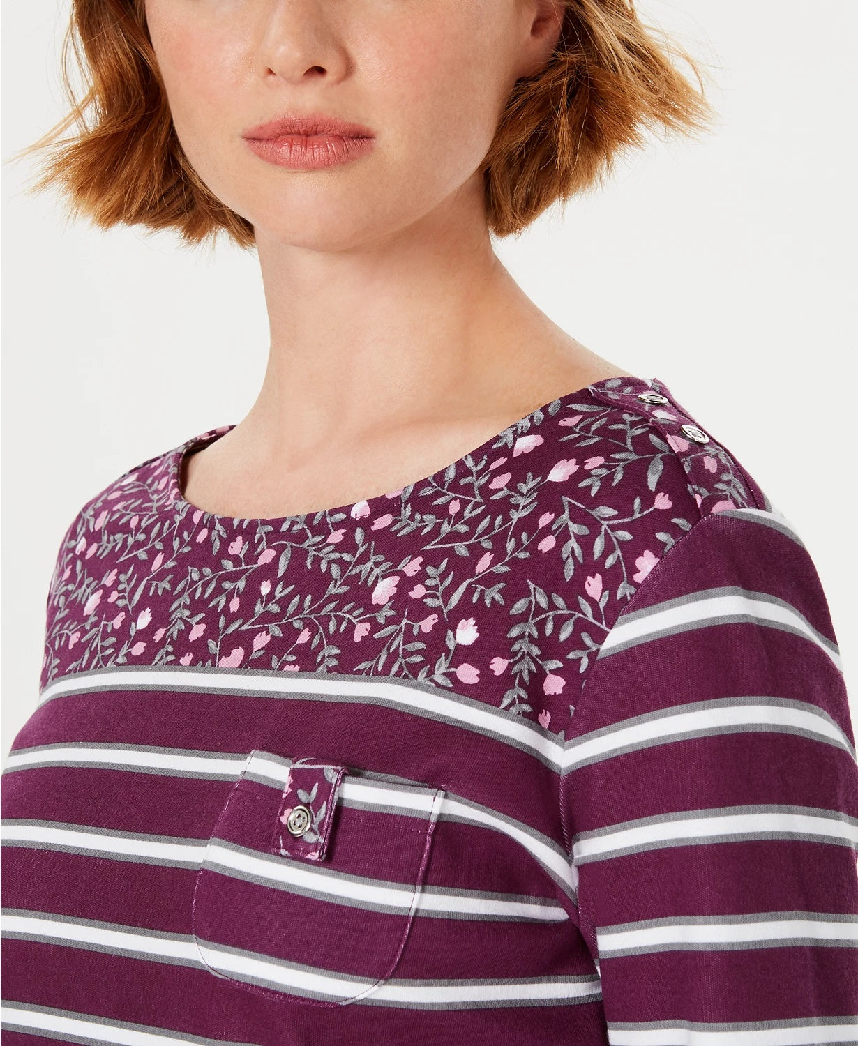 Karen Scott Top feminino pequeno com bolso floral e listrado, tamanho médio, vermelho