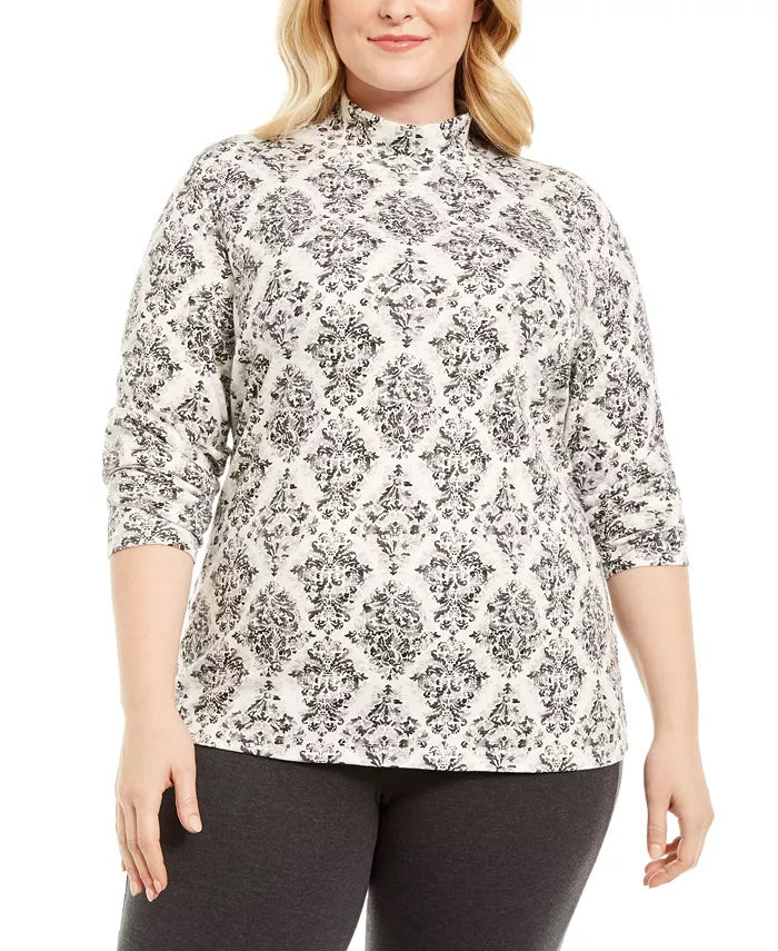 Blusa feminina Karen Scott com estampa de gola falsa, cinza médio, tamanho 3X