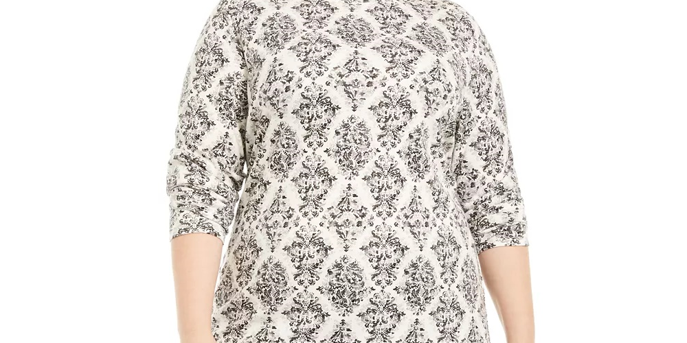 Blusa feminina Karen Scott com estampa de gola falsa, cinza médio, tamanho 3X