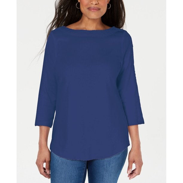 Karen Scott Top de algodão com acabamento em renda para mulheres, azul-marinho, tamanho XS