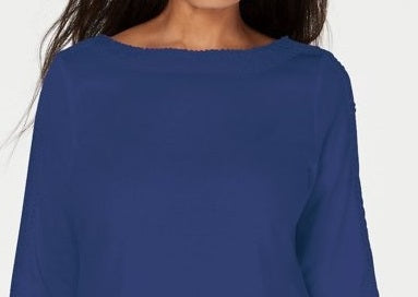 Karen Scott Top de algodão com acabamento em renda para mulheres, azul-marinho, tamanho XS