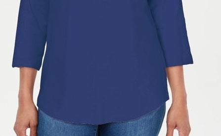 Karen Scott Top de algodão com acabamento em renda para mulheres, azul-marinho, tamanho XS