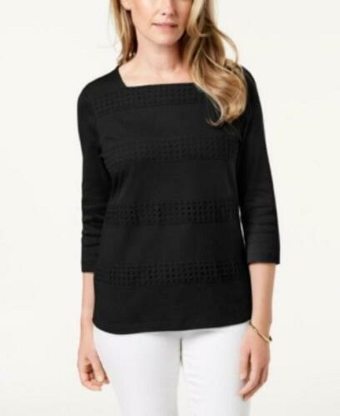 Karen Scott Blusa Feminina Listrada com Decote Quadrado e Renda, Preta, Tamanho P