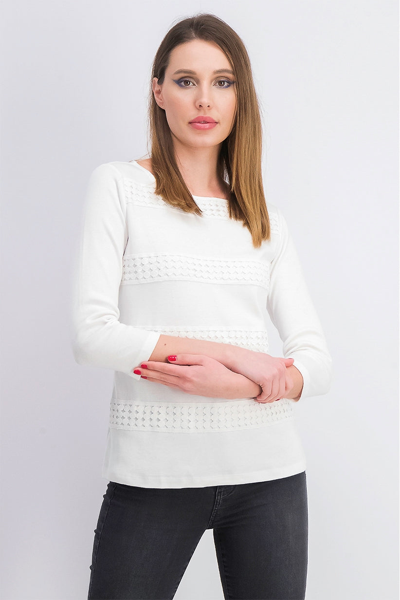 Karen Scott Blusa Feminina Listrada com Gola Quadrada e Renda, Branca, Tamanho XG