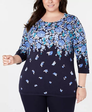 Karen Scott Suéter feminino plus size com estampa floral azul-marinho tamanho 1X