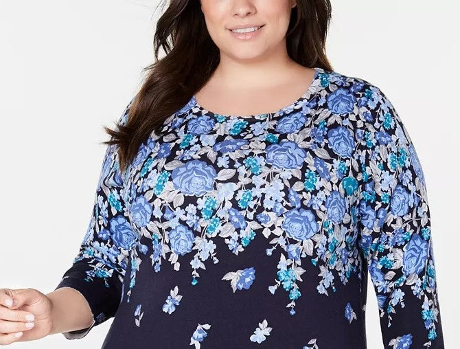 Karen Scott Suéter feminino plus size com estampa floral azul-marinho tamanho 1X