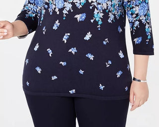 Karen Scott Suéter feminino plus size com estampa floral azul-marinho tamanho 1X