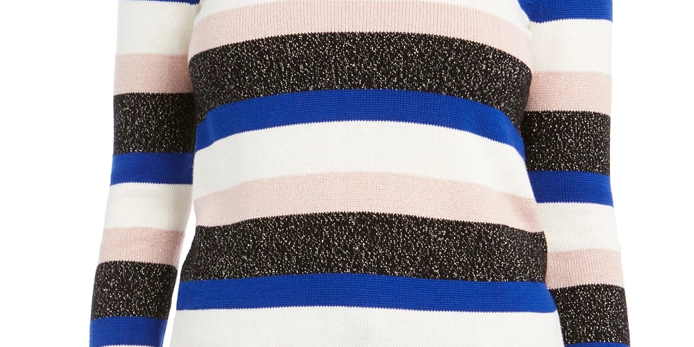 Suéter feminino listrado com gola redonda Charter Club, azul médio, tamanho pequeno