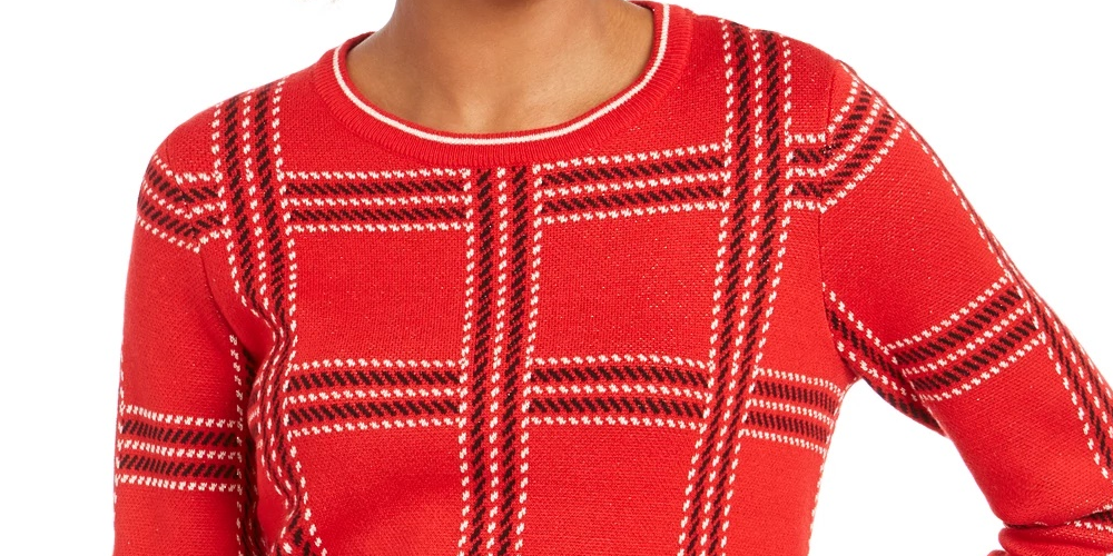 Suéter feminino Charter Club com estampa de gola redonda, tamanho médio, vermelho, tamanho extragrande