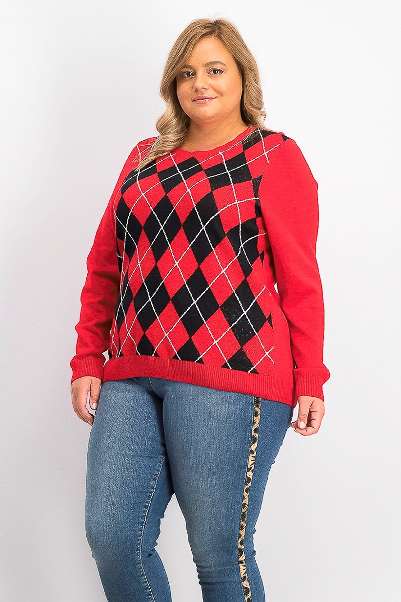 Suéter feminino Charter Club Argyle com gola redonda, tamanho médio, vermelho, grande