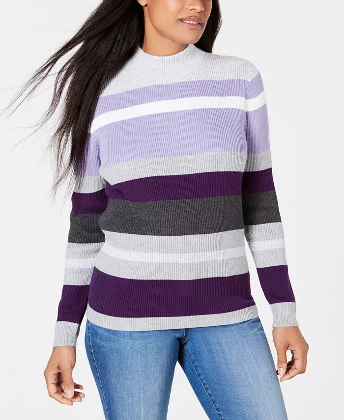 Karen Scott Suéter Feminino Listrado Gola Mock Algodão Roxo Tamanho Grande