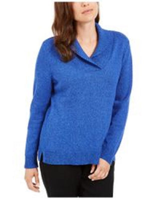 Karen Scott Suéter Feminino Plus Size Algodão Marmorizado Gola Xale Azul Tamanho 2X