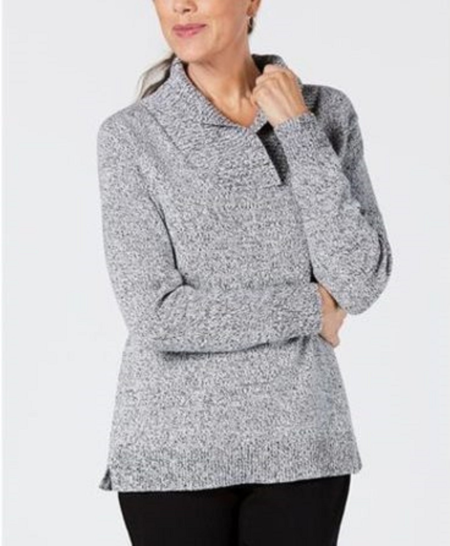 Karen Scott Suéter Feminino Plus Size de Algodão Marmorizado com Gola Xale Cinza Tamanho 1X