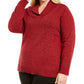 Karen Scott Suéter feminino plus size de algodão mesclado com gola xale, vermelho brilhante, tamanho 3X