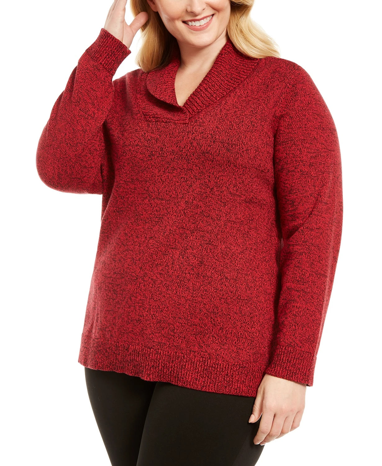 Karen Scott Suéter feminino plus size de algodão mesclado com gola xale, vermelho brilhante, tamanho 3X