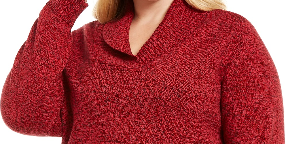 Karen Scott Suéter feminino plus size de algodão mesclado com gola xale, vermelho brilhante, tamanho 3X