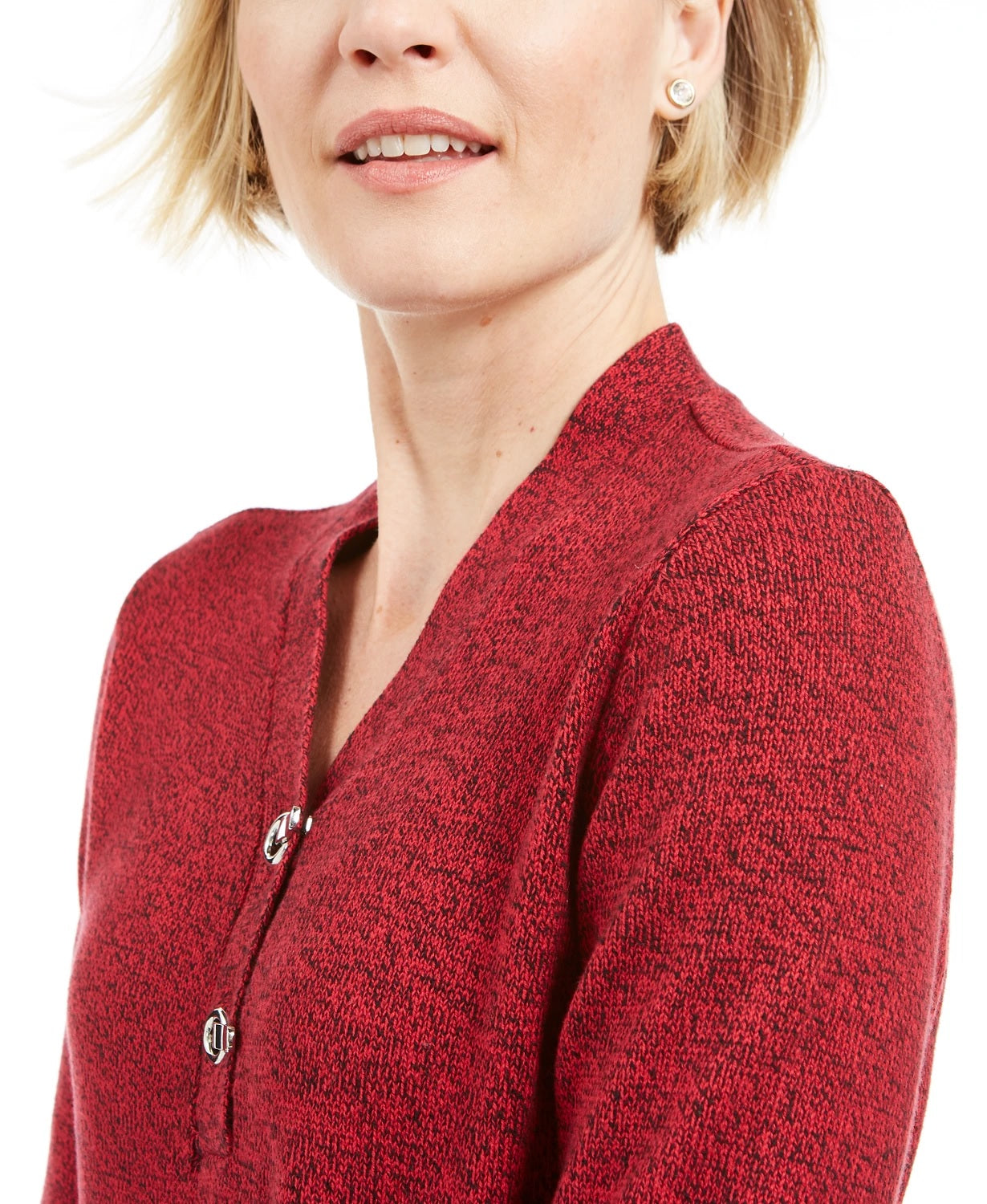 Karen Scott Suéter Henley Feminino de Algodão Marmorizado Vermelho Brilhante Tamanho Grande