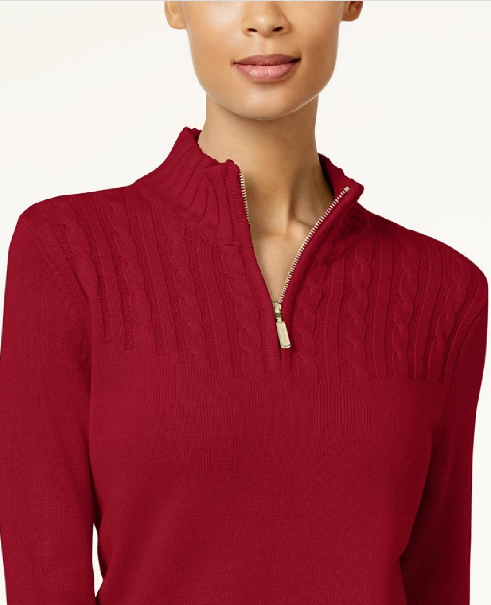 Karen Scott Suéter Feminino de Algodão com Zíper e Gola Alta Vermelho Brilhante Tamanho XS