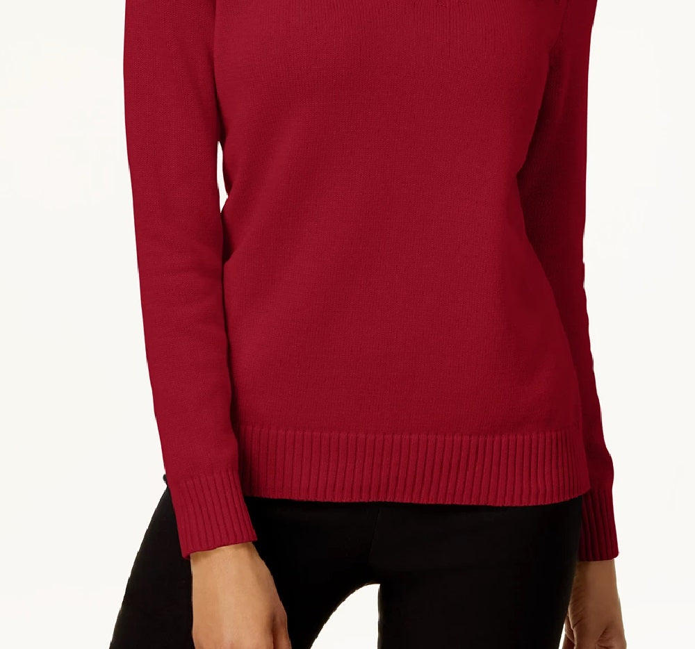 Karen Scott Suéter Feminino de Algodão com Zíper e Gola Alta Vermelho Brilhante Tamanho XS