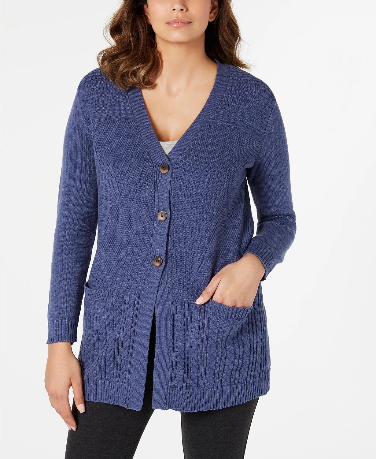 Karen Scott Cardigan Feminino com Botões Frontais e Pontos Mistos, Azul Marinho, Tamanho X-G