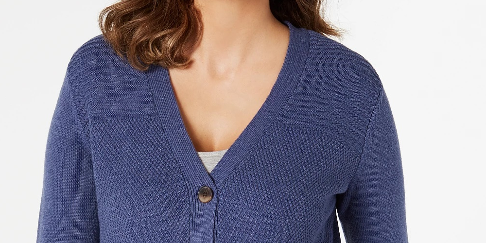 Karen Scott Cardigan Feminino com Botões Frontais e Pontos Mistos, Azul Marinho, Tamanho X-G