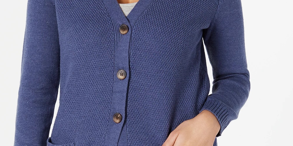 Karen Scott Cardigan Feminino com Botões Frontais e Pontos Mistos, Azul Marinho, Tamanho X-G