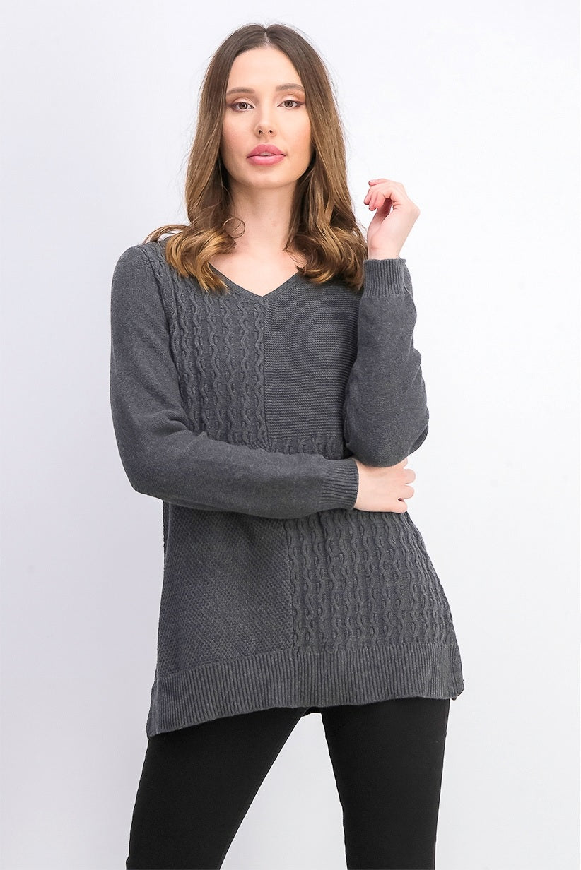 Karen Scott Suéter Feminino de Algodão com Ponto Misto, Cinza Escuro, Tamanho Pequeno
