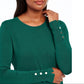 Suéter feminino JM Collection com gola redonda e punhos abotoados, verde escuro, tamanho grande