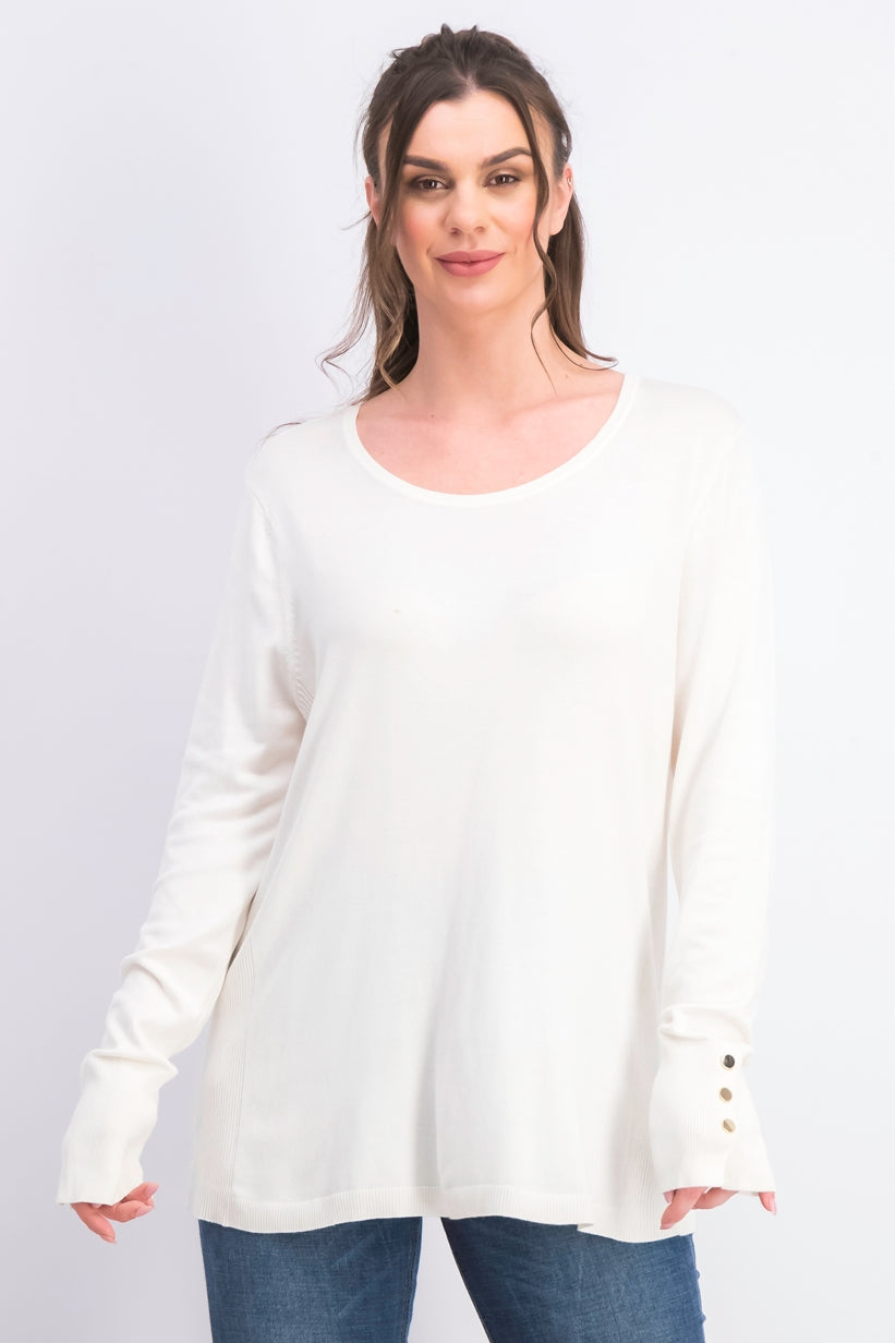 Suéter feminino JM com gola redonda e punhos abotoados, tamanho natural, extra grande