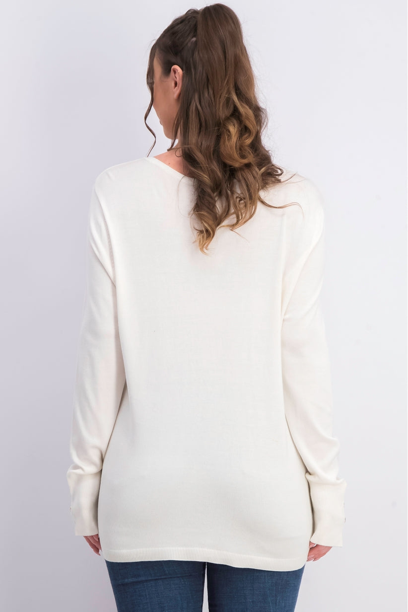 Suéter feminino JM com gola redonda e punhos abotoados, tamanho XXG, branco