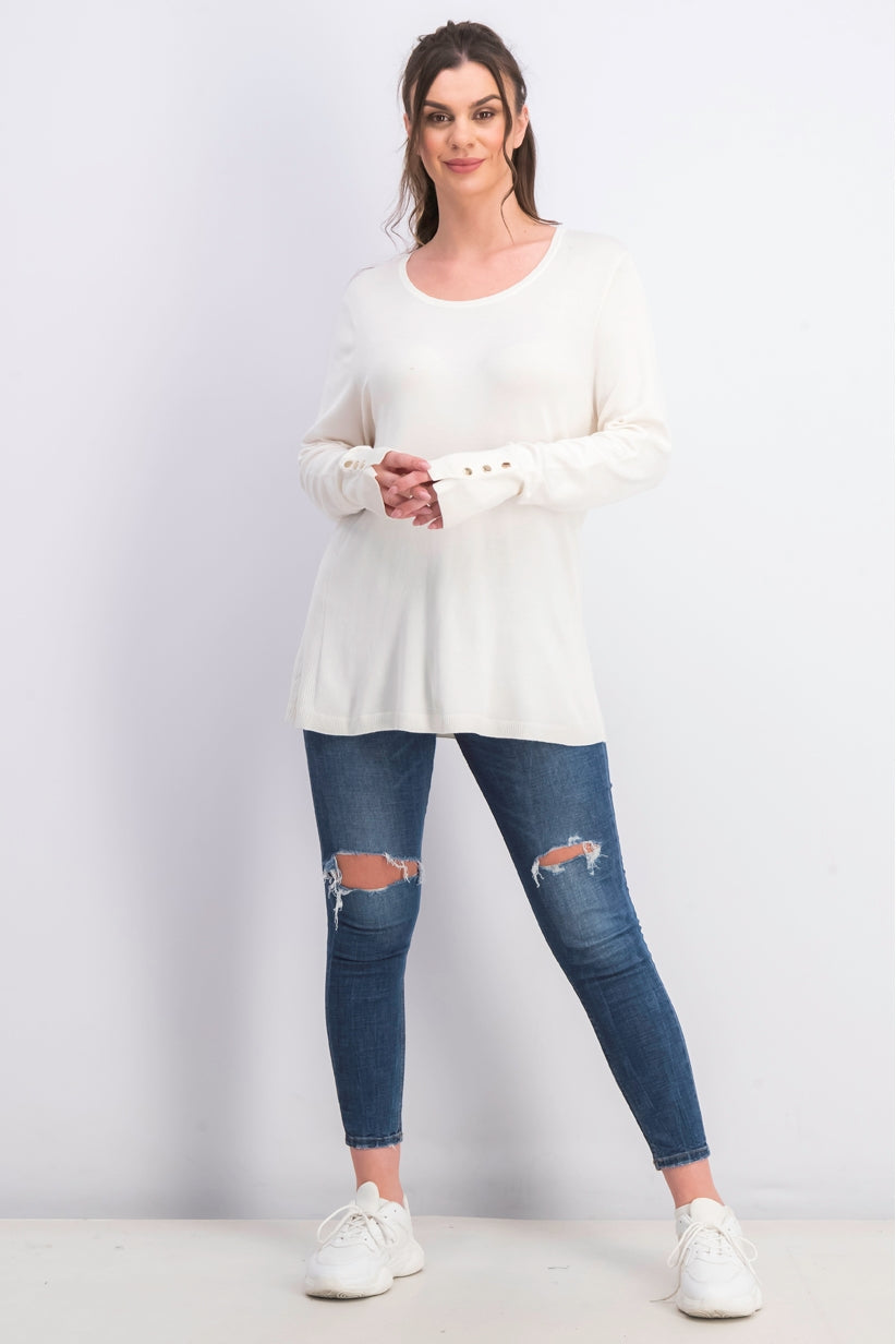 Suéter feminino JM com gola redonda e punhos abotoados, tamanho XXG, branco