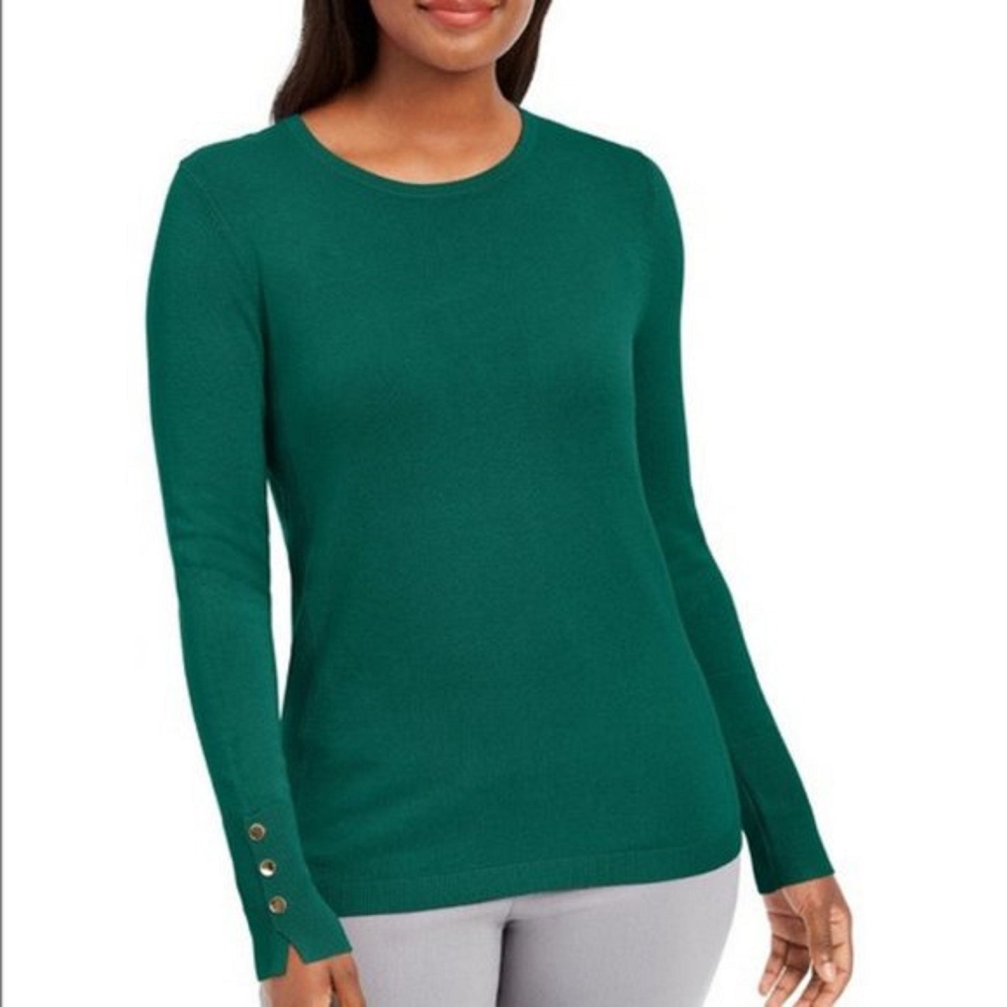 JM Collection Suéter feminino de gola redonda com punho de botão, pequeno, verde escuro, tamanho pequeno médio