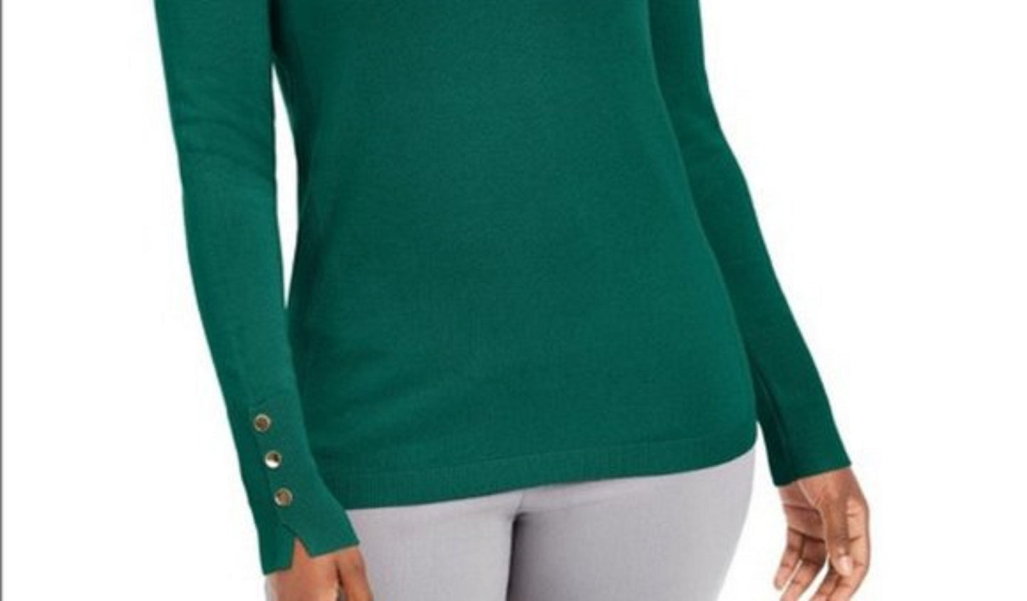 JM Collection Suéter feminino de gola redonda com punho de botão, pequeno, verde escuro, tamanho pequeno médio