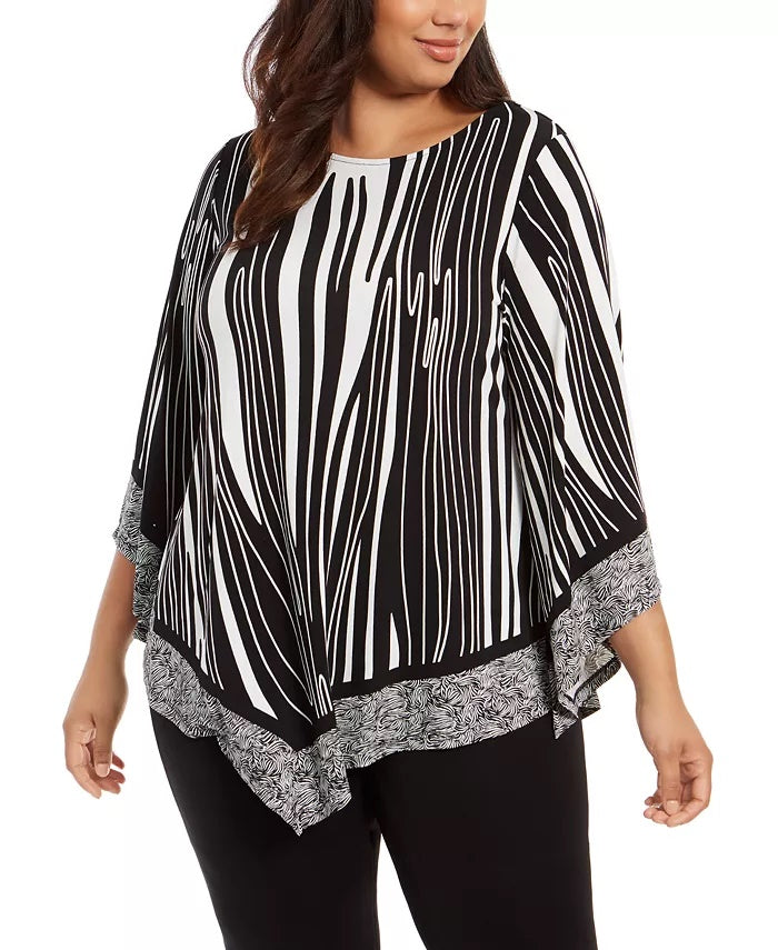 Blusa feminina Alfani plus size com bainha em V, preta, tamanho 3X