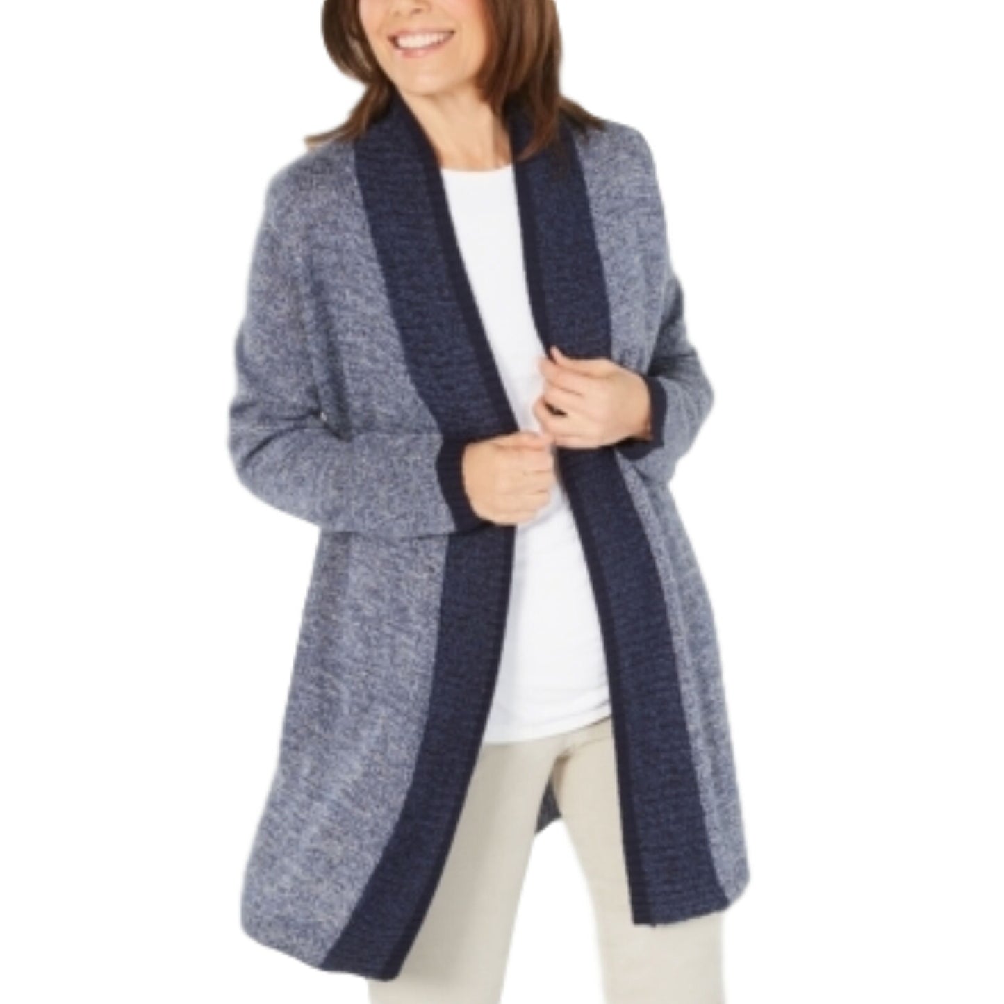Karen Scott Cardigan Feminino com Acabamento Contrastado e Frente Aberta Azul Brilhante, Tamanho Médio