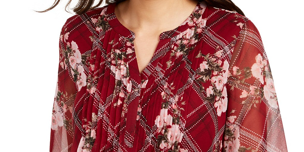 Top feminino com estampa e decote aberto Charter Club, tamanho pequeno, vinho