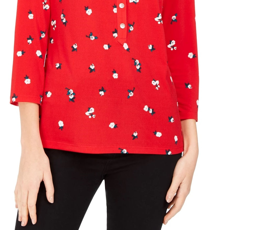 Camisa polo feminina Charter Club com manga 3/4 estampada, tamanho médio, vinho