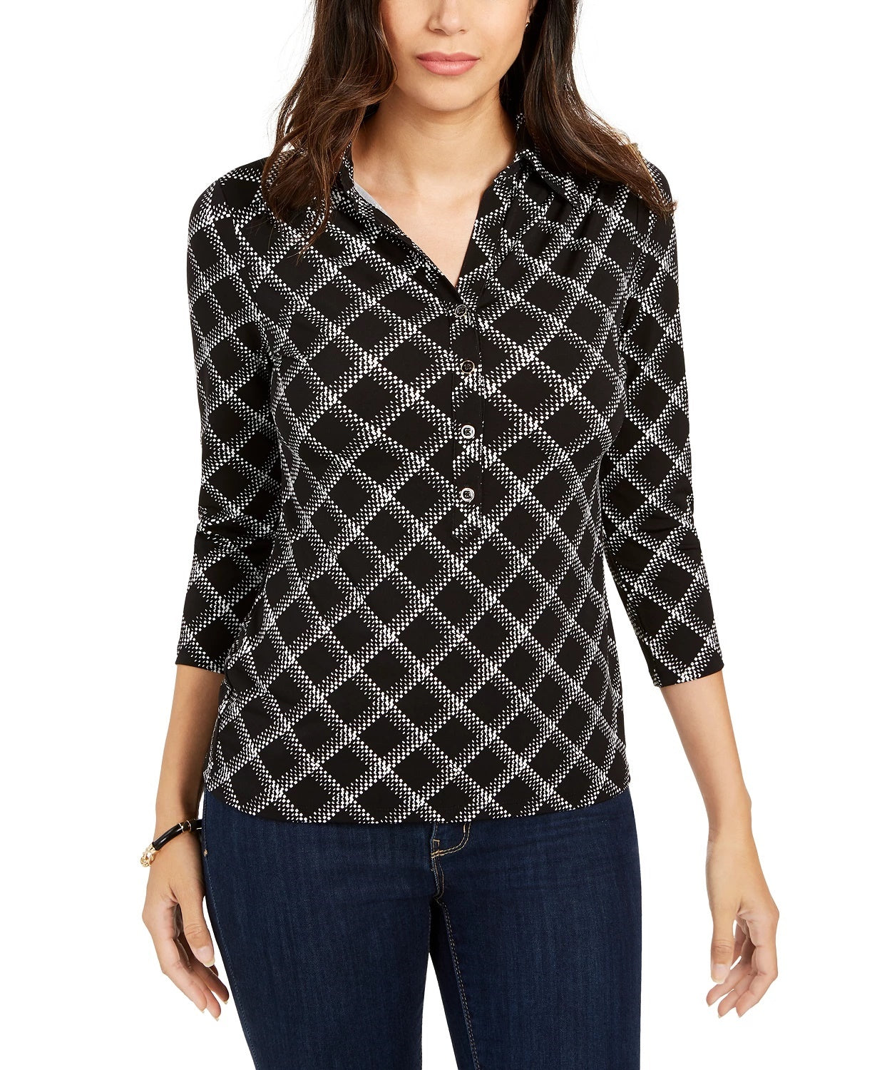 Camisa polo xadrez feminina Charter Club, preta, tamanho grande