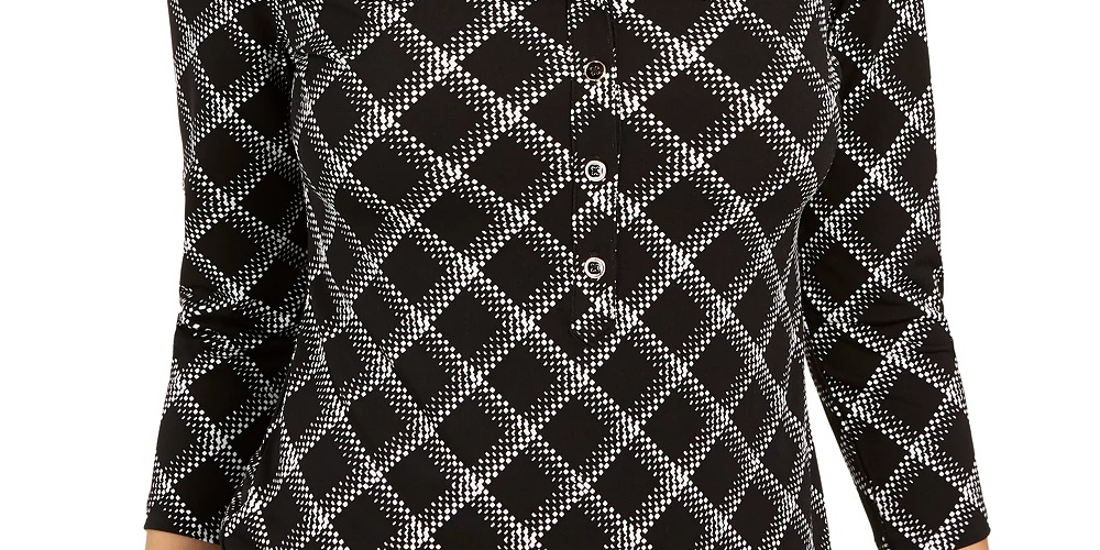 Camisa polo xadrez feminina Charter Club, preta, tamanho médio