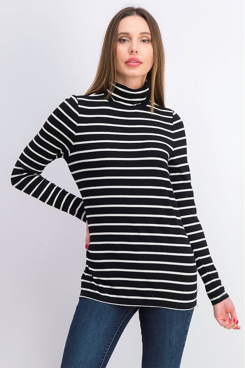 Blusa feminina listrada de gola alta Charter Club, preta, tamanho extra grande