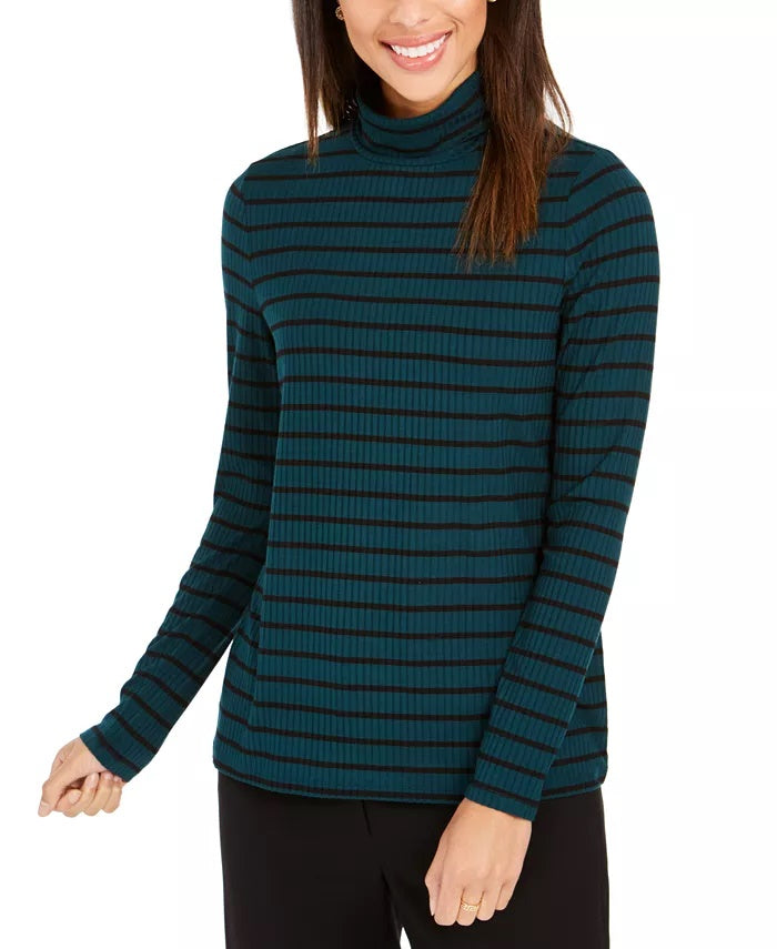 Blusa feminina listrada de gola alta Charter Club verde escuro tamanho extragrande