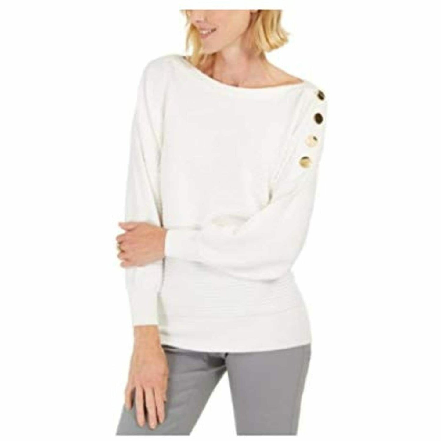 Suéter feminino com mangas abotoadas, tamanho natural, grande, coleção JM