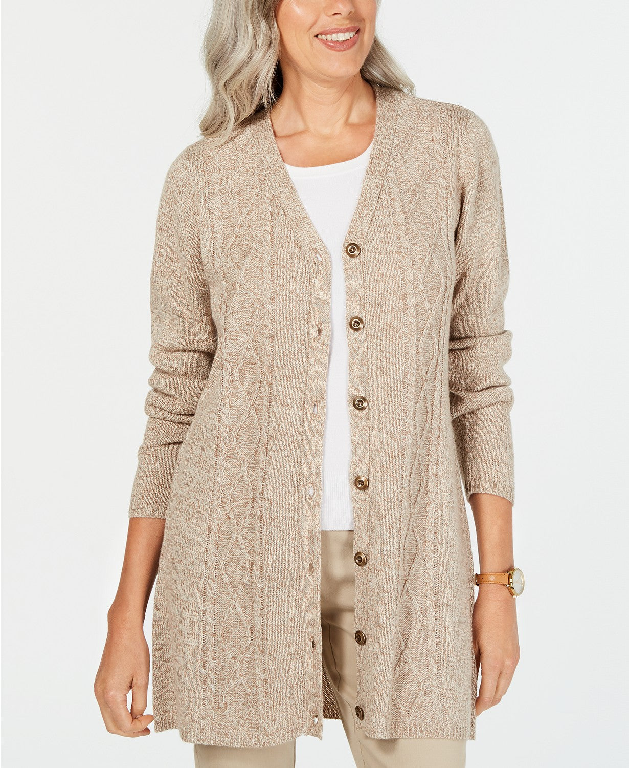 Karen Scott Cardigan Duster Feminino Pequeno com Botões Frontais Marrom Tamanho 44