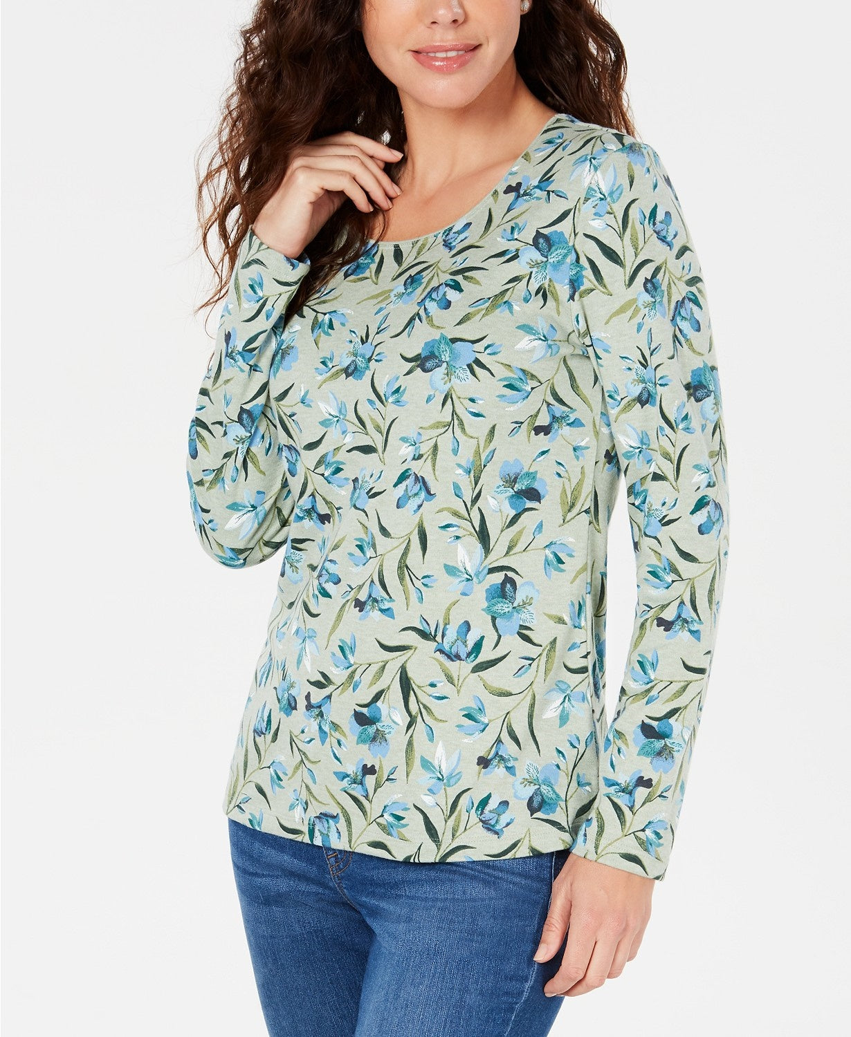 Karen Scott Audra Oasis Top decote redondo feminino verde escuro tamanho grande