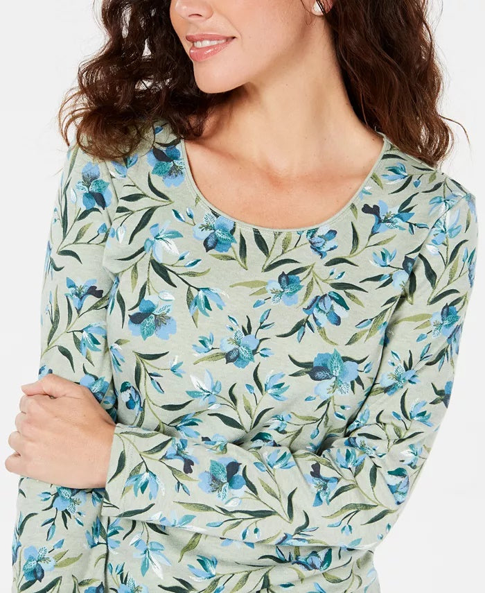 Karen Scott Audra Oasis Top decote redondo feminino verde escuro tamanho grande