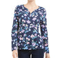 Karen Scott Blusa Henley Estampada Floral Feminina Azul Marinho Tamanho Grande