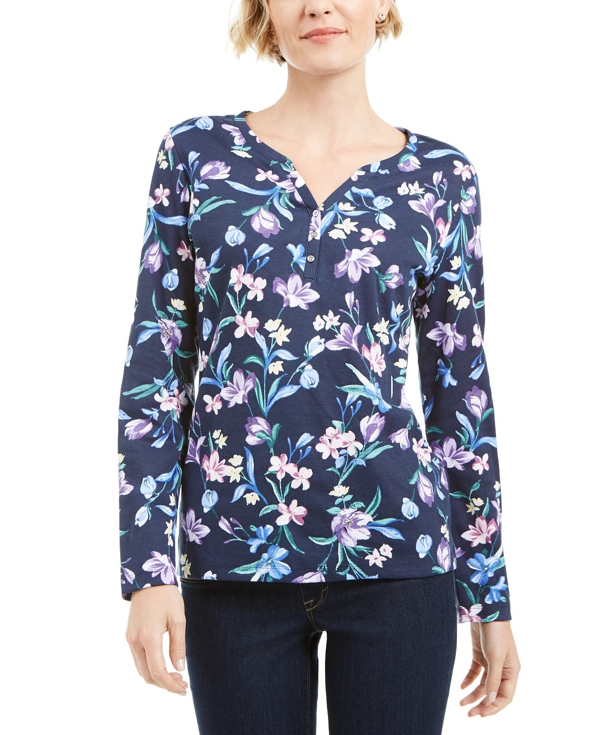 Karen Scott Blusa Henley Estampada Floral Feminina Azul Marinho Tamanho Grande