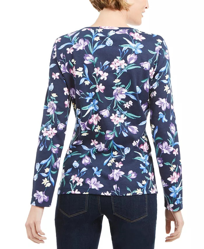 Karen Scott Blusa Henley Estampada Floral Feminina Azul Marinho Tamanho Grande